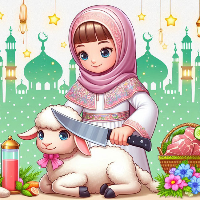 a-girl-having-knife-to-cut-lamb-with-Eid-mubarak Eid-Mubarak
